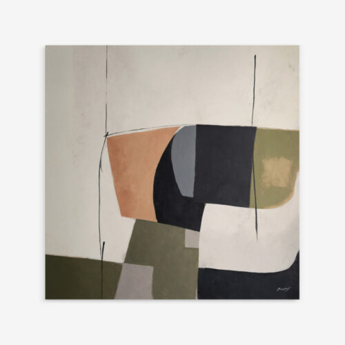 Abstract geometric painting with overlapping shapes in muted earth tones