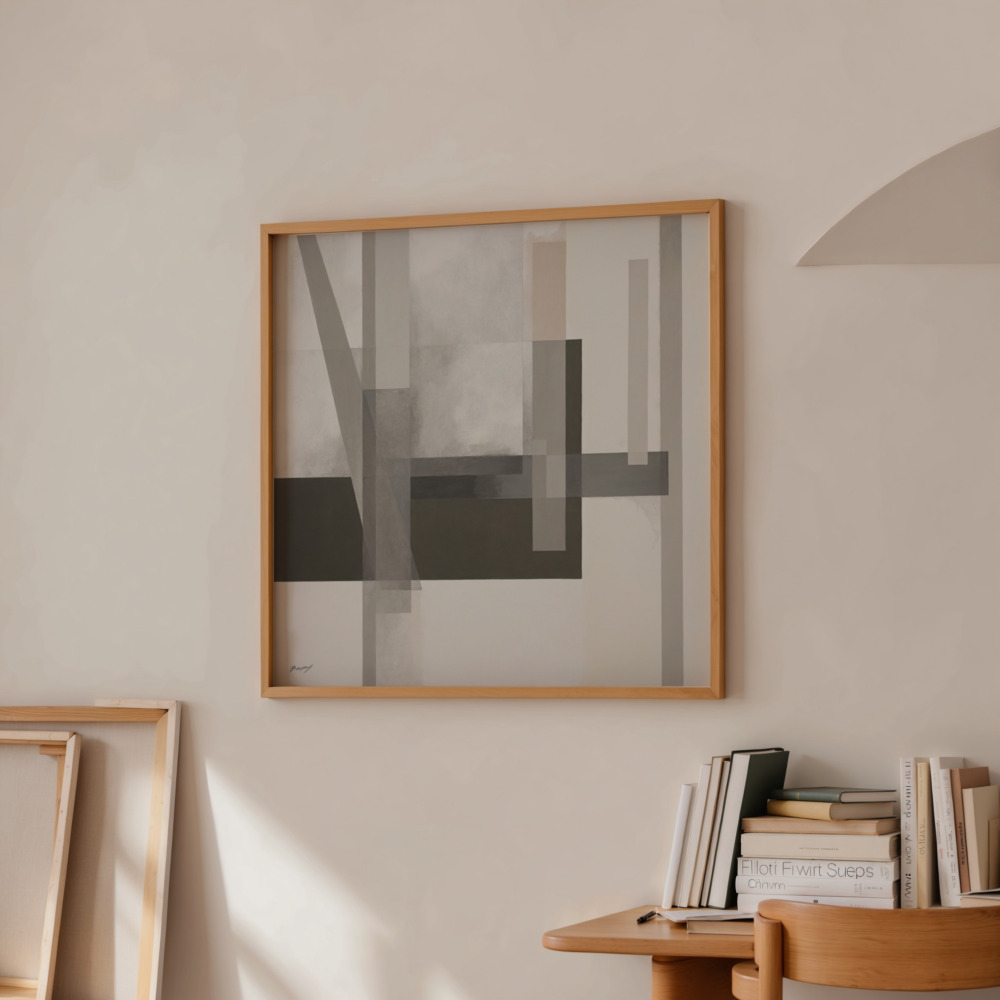 Minimalist geometric abstract painting in gray and taupe tones with wooden frame.