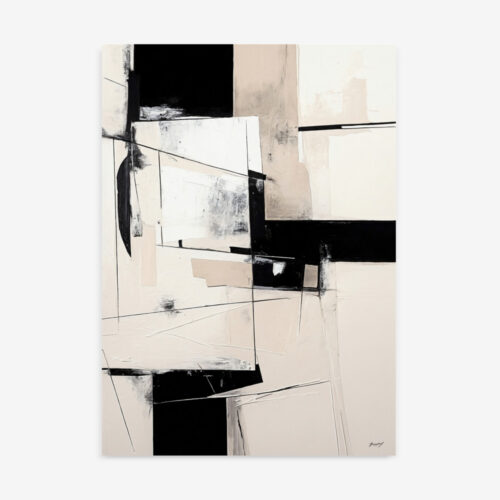 Minimal geometric abstract with intersecting black and white angular forms in balanced composition.