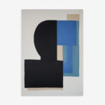 Minimal abstract composition with black silhouette and blue geometric forms on light background.