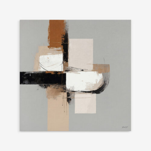 Minimalist geometric composition with textured white and rust forms on gray background.