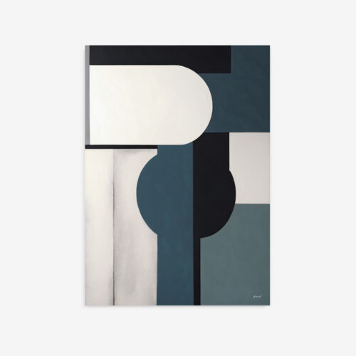 Abstract geometric artwork with teal, black, and cream shapes in mid-century modern style.