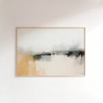 Abstract golden and gray horizon painting in light wooden frame