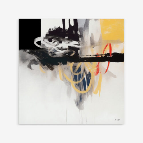 Abstract expressionist painting with bold black and yellow brushstrokes on white canvas