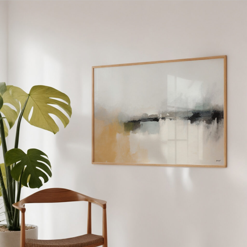 Abstract wall art with monstera plant in minimalist interior design setting.