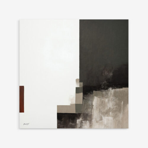 Minimalist abstract composition featuring contrasting black and white geometric forms with subtle earth tones.