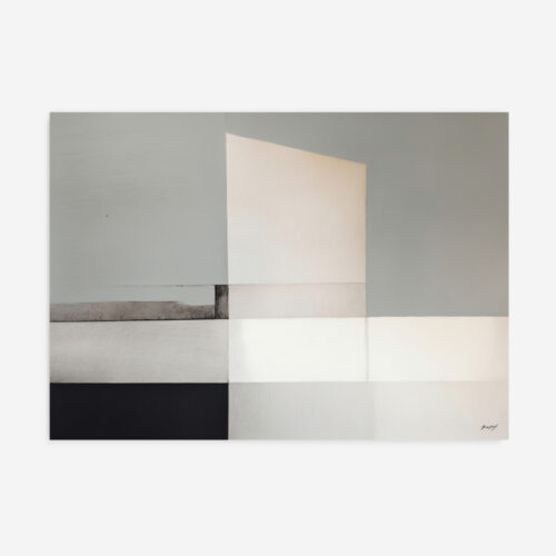Minimalist geometric composition with layered rectangles in black, white and gray tones.