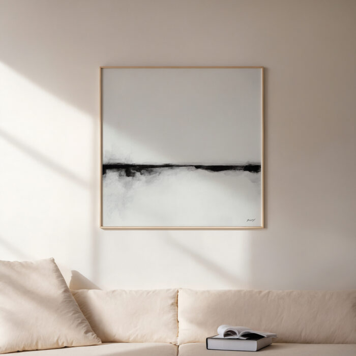 Minimalist black line abstract art on white canvas above cream sofa in sunlit room.