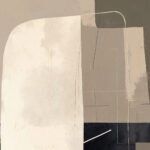 Minimalist abstract artwork with overlapping beige and gray geometric shapes on textured canvas.