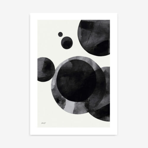 Black and gray watercolor circles overlap on cream background, creating minimalist abstract composition.