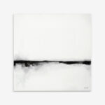 Minimalist abstract painting with blurred black horizontal line dividing cream white canvas
