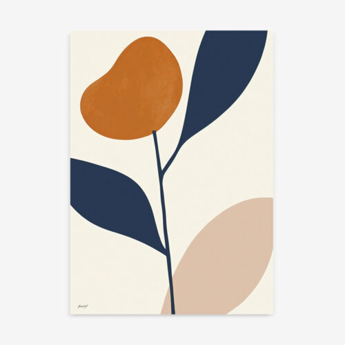 Abstract botanical artwork with navy, terracotta and pink shapes on cream background.