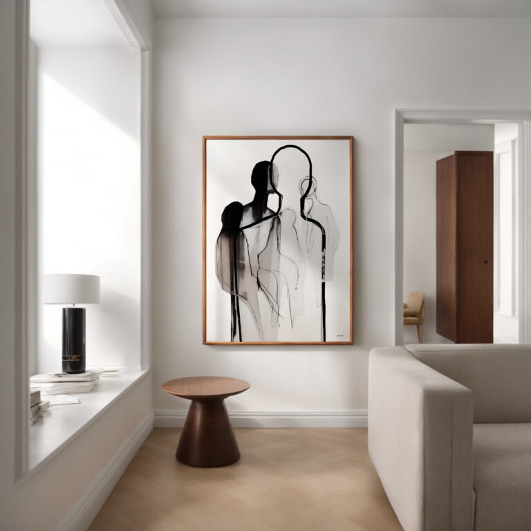 Minimalist black and white figure art framed in bright modern living room interior.
