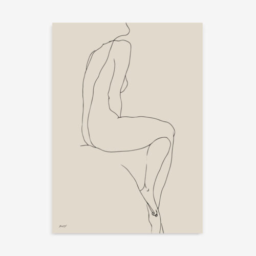 Minimalist line drawing of seated figure using graceful, continuous strokes on beige background.
