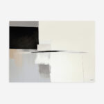 Minimalist abstract composition featuring geometric black, white and gray blocks with subtle textures.