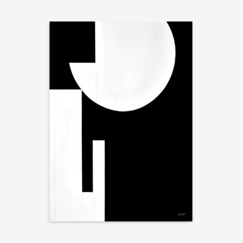 Minimalist black and white geometric art with curved semicircle embracing stark architectural forms