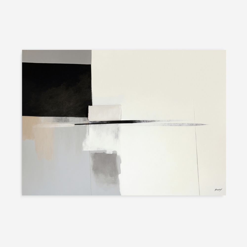 Minimalist abstract composition featuring geometric black, white and gray blocks with subtle textures.