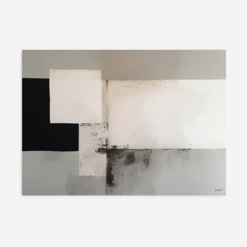 Abstract geometric composition with bold black forms against textured white and gray background