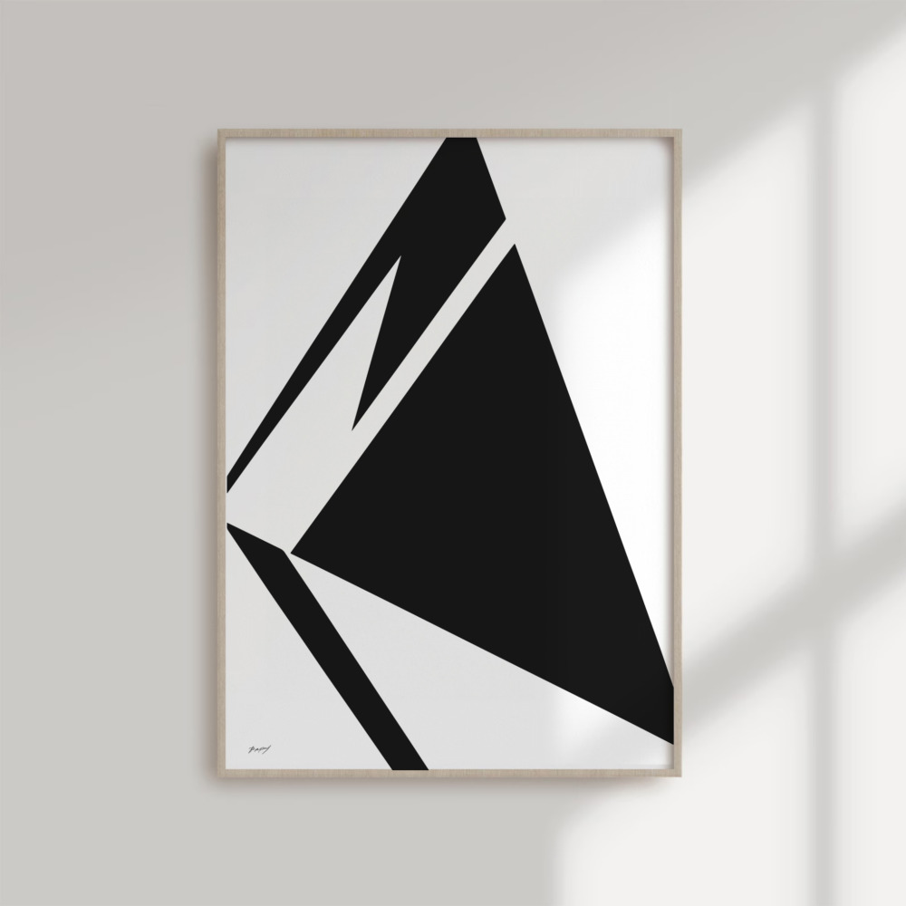 Striking minimalist black and white geometric triangle art in simple wooden frame