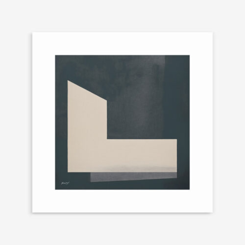 Minimalist abstract artwork with L-shaped cream form against dark gray square background