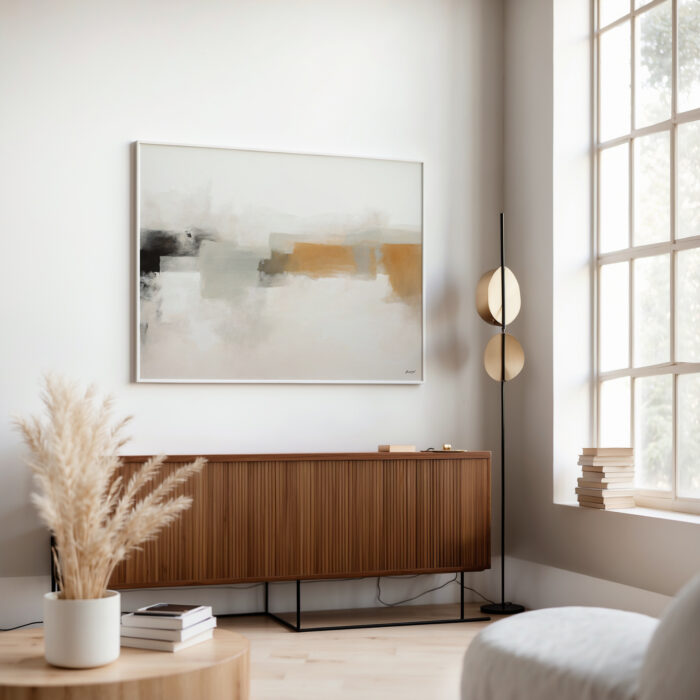 Abstract canvas artwork in warm earth tones displayed above wooden credenza in minimalist interior.