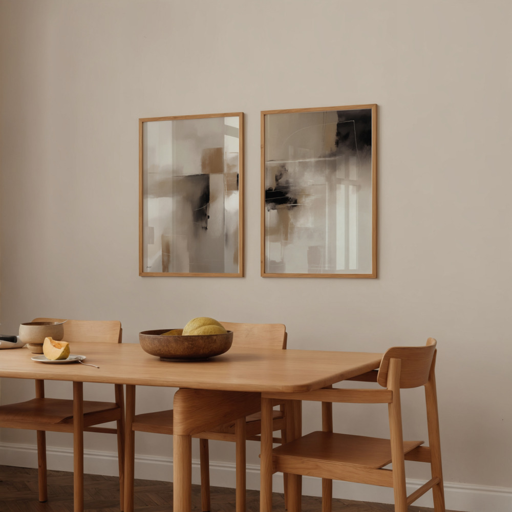 Minimalist wooden dining set with abstract beige and black wall art