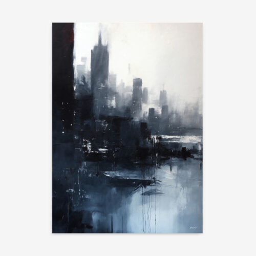 Abstract urban skyline with misty reflections in monochromatic grays
