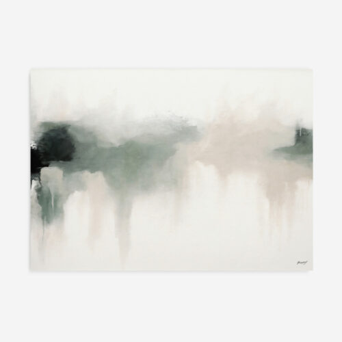 Abstract painting with misty white, cream, sage and charcoal flowing together elegantly.