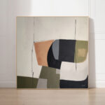 Minimalist abstract painting with geometric shapes in muted tones on white wall.