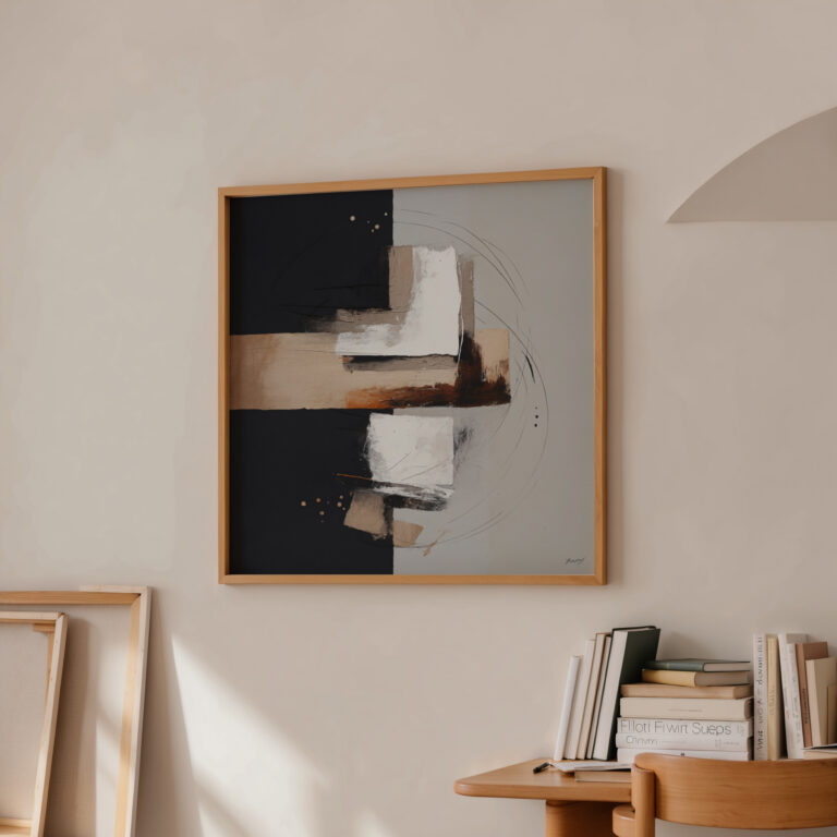 Abstract geometric art in black and beige tones hanging above minimalist wooden shelf.