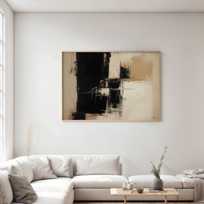 Minimalist living room with abstract black and beige artwork above white sofa.