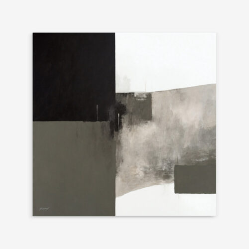 Abstract geometric composition with black, olive-gray blocks against soft misty grays.