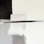 Minimalist abstract painting with contrasting black, white and gray geometric shapes.