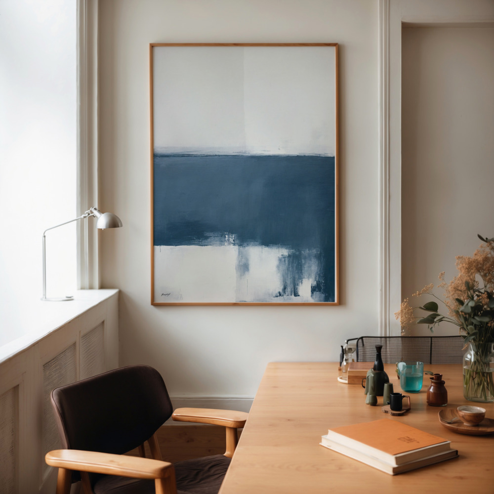 Navy blue abstract painting in wooden frame above minimalist dining table with plant.