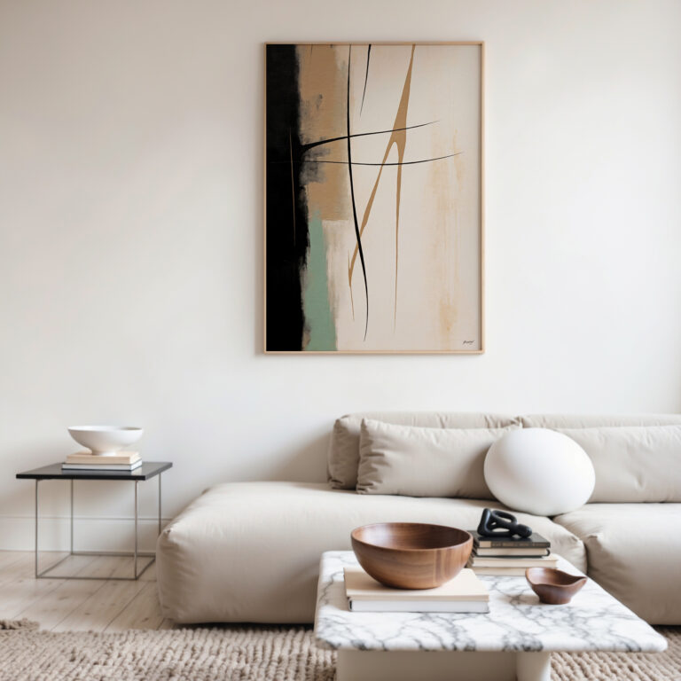 Abstract canvas artwork in neutral tones above cream sectional sofa in minimalist living room.