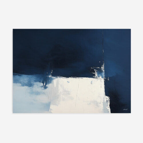 Abstract painting with deep navy blue and white textured brushstrokes creating horizon effect