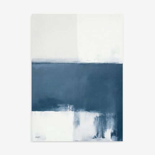 Abstract seascape painting with deep blue-gray field between white upper and lower sections.