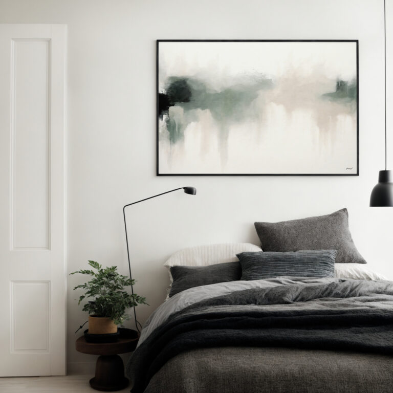 Serene abstract painting in gray and white adds tranquility to minimalist contemporary bedroom.