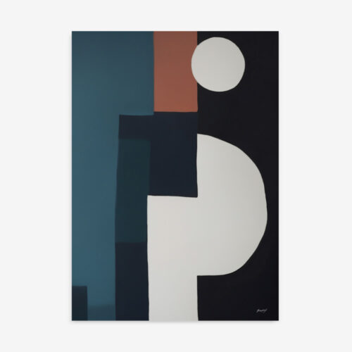 Abstract geometric composition with teal, terracotta, and circles on color blocks