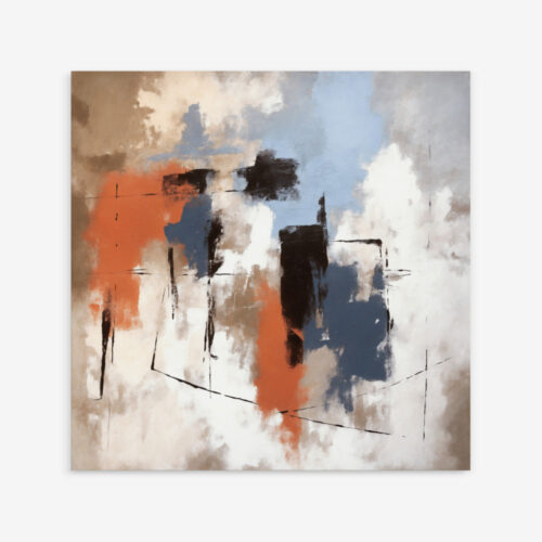 Abstract cityscape with orange, blue and black elements against beige background.