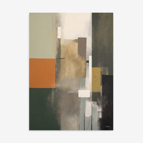 Abstract geometric composition featuring olive green, burnt orange, and beige rectangular shapes.