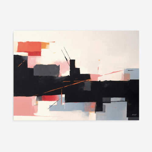 Abstract geometric painting with coral, salmon, blue and black rectangular forms