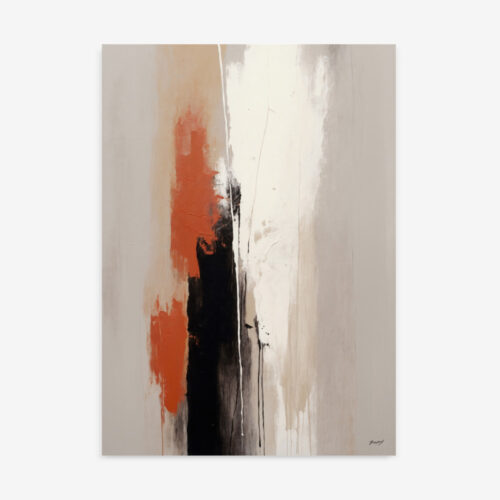 Dynamic abstract painting with bold vertical strokes in black, white and orange-red