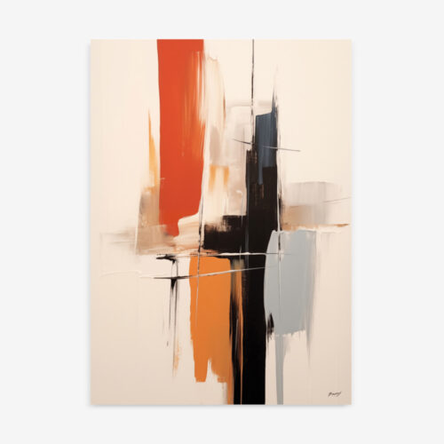 Abstract painting with bold red and black vertical brushstrokes on cream background.