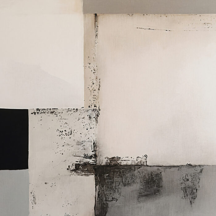 Minimalist abstract artwork with black geometric shapes on textured cream background.