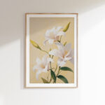 Vintage-style white lily botanical illustration in natural wood frame on white wall