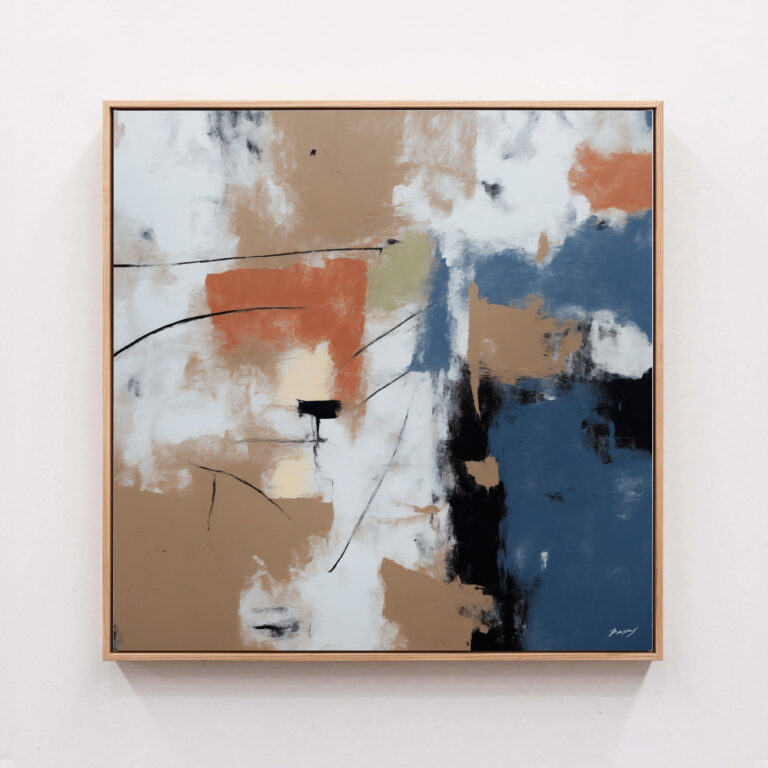 Modern abstract artwork with navy, terracotta, and neutral tones in thin gold frame.