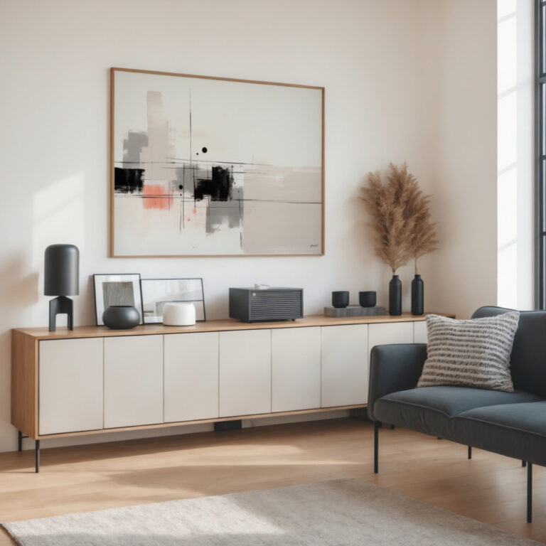 Abstract geometric artwork in neutral tones above modern sideboard in contemporary living room.