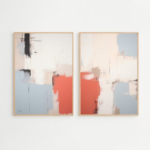 Modern abstract diptych with soft coral and blue tones in wooden frames