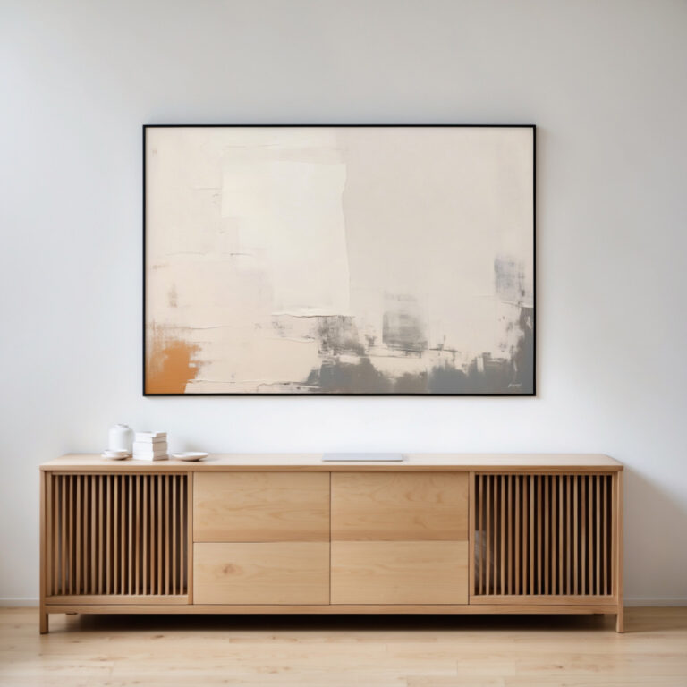 Abstract canvas art with neutral tones above wooden media console with drawer storage.